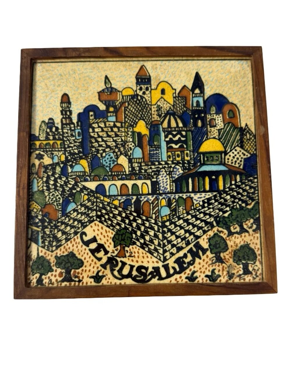 Vintage Jerusalem Framed Ceramic Tile Trivet Wall Plaque Israel Folk Art 6.25 In